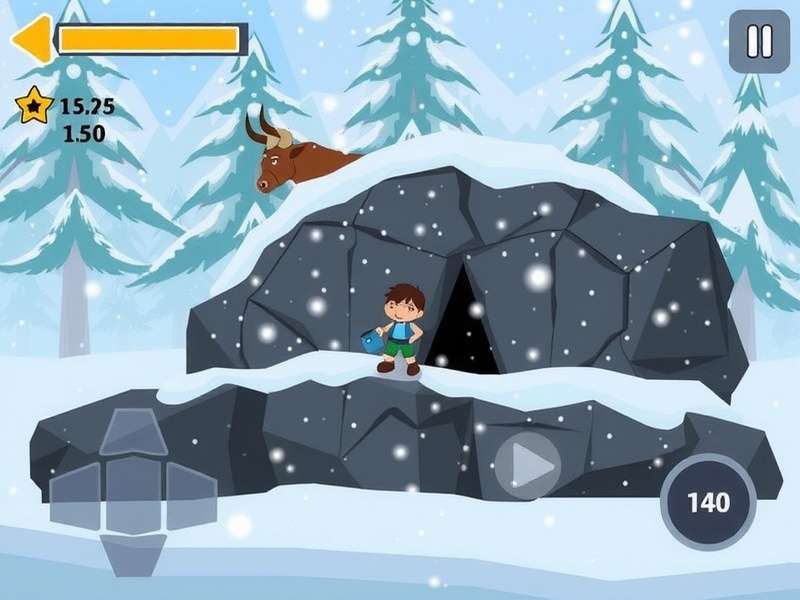 Himalayan Hopper gameplay during a blizzard showing a character taking shelter behind a rock with a yak