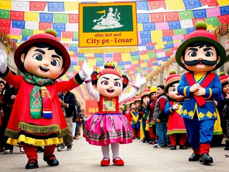 Himalayan Hopper Losar festival event showing characters celebrating with prayer flags and traditional dances