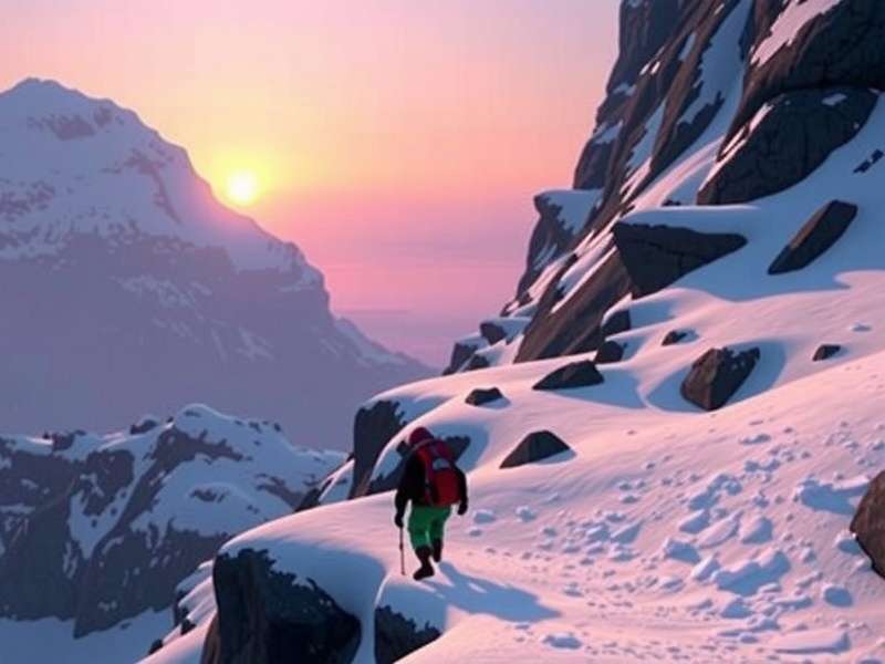 Himalayan Hopper gameplay showing a character trekking through a snow-capped Himalayan pass at sunrise